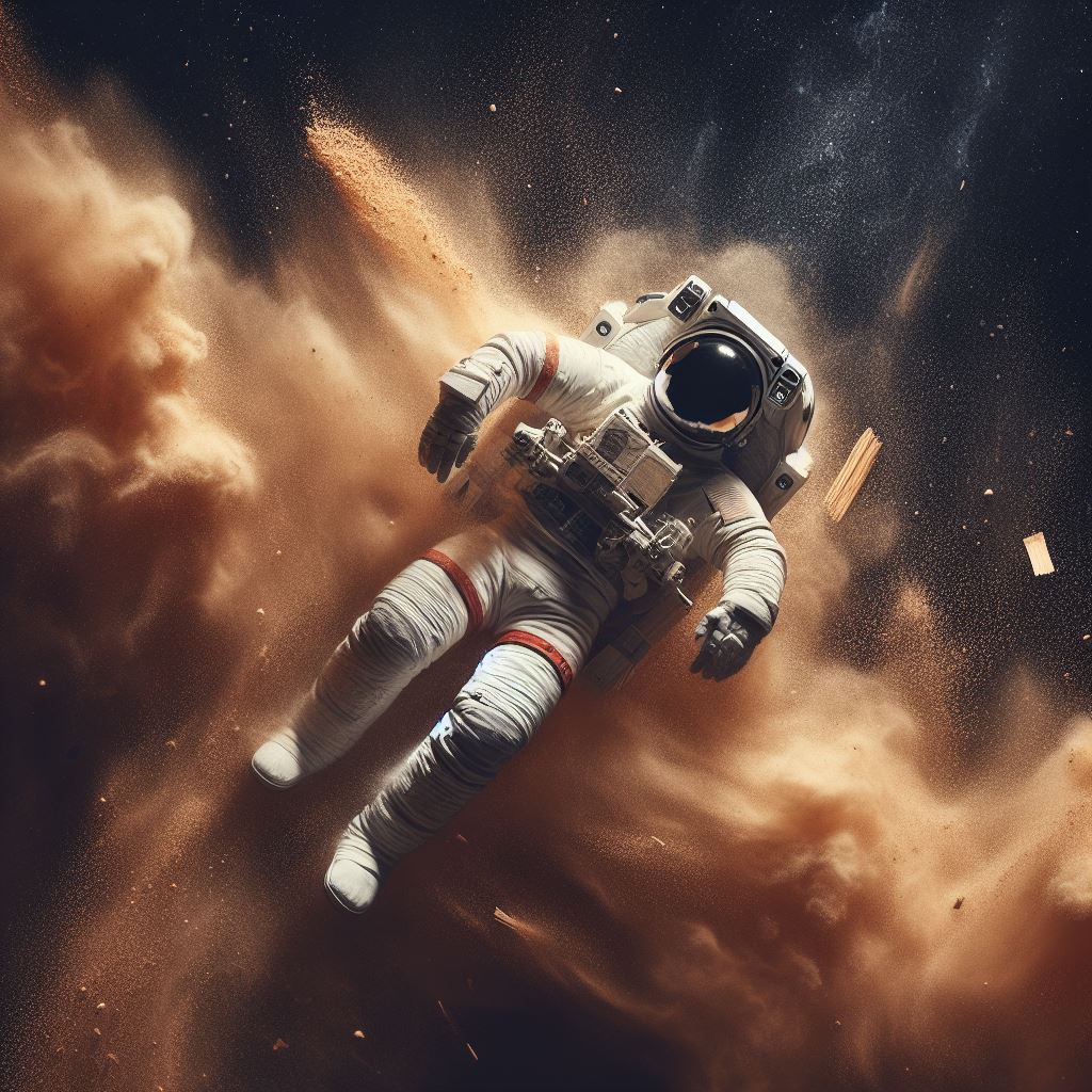 Astronaut floating in space with wood dust all around