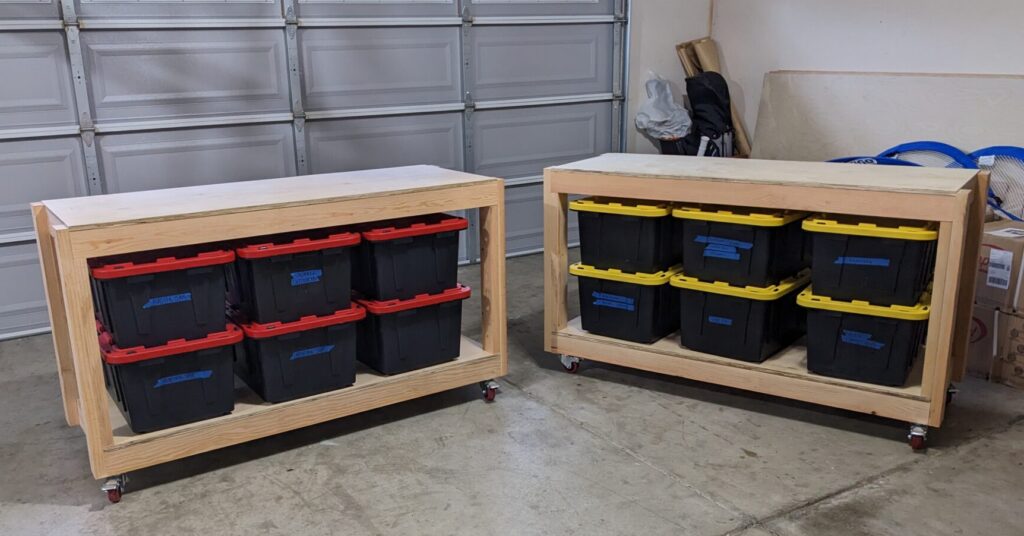 storage bins that can be rolled out to clean or used as a mobile workbench