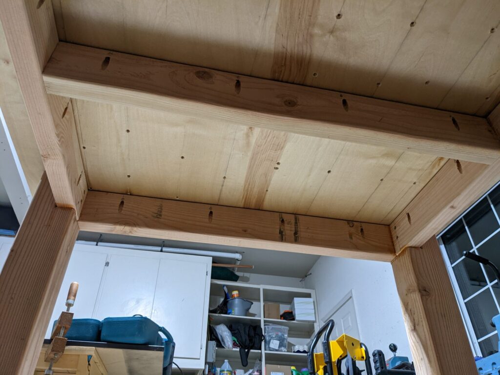 Underside of the outfeed table with pocket hole screw joinery