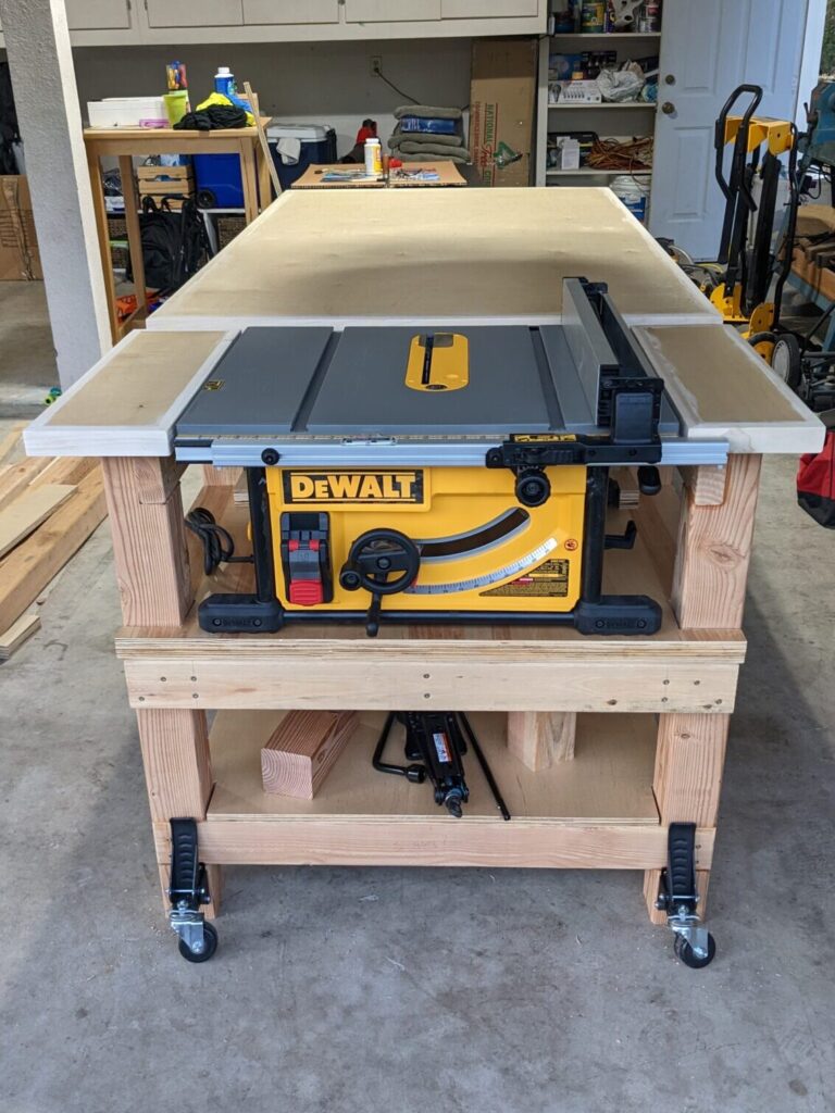 Completed outfeed table with table saw